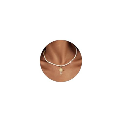 Luxval Tennis Necklace 14K Gold Plated Rhinestone Butterfly Choker Necklaces for women Dainty Zirconia Cut Faux Diamond chain 3mm - color: Gold-Cross charm tennis