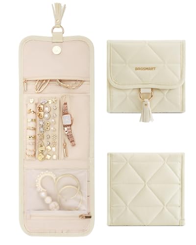 BAGSMART Travel Jewelry Case Organizer, Roll Foldable Jewelry Case for Journey-Rings, Necklaces, Earrings, Bracelets, Brooches, Min, Beige - color: Beige, size: Small