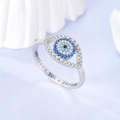 Hapour 925 Sterling Silver Rings for Women Firefly Ring, Glow in the Dark | Sun Moon Star Band Ring Rainbow Evil Eye Chunky Heart Thumb Pinky Stackable Dainty Ring, 14K Gold Plated, Cubic Zirconia - color: Blue CZ Devil's Eye, size: 8