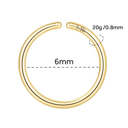 14K Gold Nose Ring Hoop for Women and Men, 6mm/7mm/8mm Tiny Gold Nose Ring Stud Piercing Jewelry, 20G 22G - color: 14k Yellow Gold, size: 20 gauge(0.8mm)-6mm