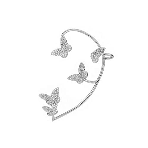 Luxury 3D Butterfly Cuff Earrings Ear Wrap Earrings Crystal CZ No Piercing Ear Clip Crawler Full Rhinestone for Women Wedding Jewelry - style: 1 Pairs Silver