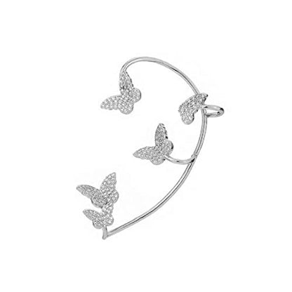 Luxury 3D Butterfly Cuff Earrings Ear Wrap Earrings Crystal CZ No Piercing Ear Clip Crawler Full Rhinestone for Women Wedding Jewelry - style: 1 Pairs Silver