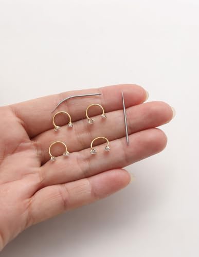 Akeoqi Horseshoe Nose Ring 20G 316L Surgical Steel Double CZ Internally Threaded Cartilage Helix Tragus Earrings for Women Men Septum Nostril Lip Eyebrow Piercing 8MM Gold Silver Plated - color: Gold-20G-8MM-White Clear CZ