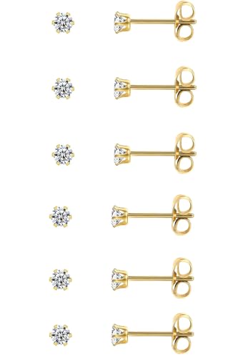 14K Gold Filled Polished Small CZ Pearl Ball Stud Earrings Set for Women Men 20G Surgical Steel Hypoallergenic Piercing Studs for Sensitive Ear, Pack of 6 Pairs - style: U : 3MM Gold Cubic Zirconia Studs Set