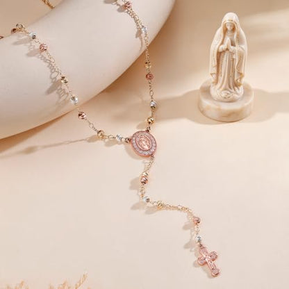 14K Gold/Silver Plated Miraculous Medal Rosary Cross Necklace Women | Miraculous Medal Y-Chain Rosary Necklace, Premium Gift Box, Catholic Milestone Gifts, Daily Faith Wear - style: Gold Style5