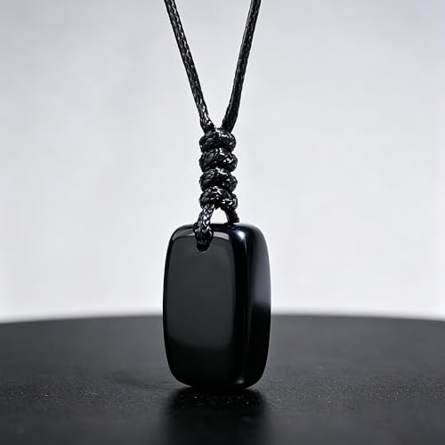 Natural Gemstone Pendant Necklace Healing Crystal Choker Necklace Adjustable Waxed Black Rope for Women Men - color: Obsidian