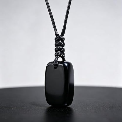 Natural Gemstone Pendant Necklace Healing Crystal Choker Necklace Adjustable Waxed Black Rope for Women Men - color: Obsidian