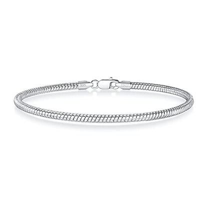 BRIJEWNES 3MM Sterling Silver Round Snake Chain Bracelet 925 Silver Link Chain Bracelet for Men