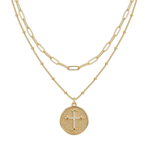 MEVECCO Dainty Pendant Layered Necklaces for Women | 18K Gold Plated Brass, 2-Piece Set With A Choker-Length Upper Layer, Wear Together Or Separately, Refined Everyday Style - style: Layer Round Cross