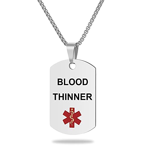 Medical Alert ID Necklace, Laser Engraved Blood THINNER, Stainless Steel Tag Pendant with 23.6 inch Chain for Men Women Emergency First Aid - color: Silver, size: BLOOD THINNER