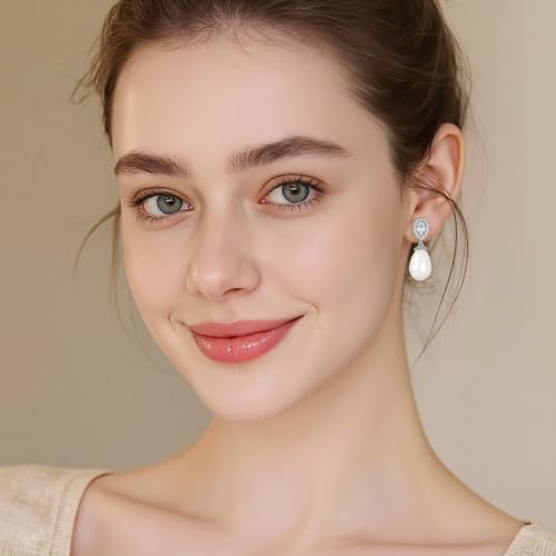 Teardrop Austrian Crystal & Pearl Drop Earrings,14K Gold Plated Elegant Dangle Earrings for Women, Bridal Wedding Jewelry Gift - color: Silver/Post