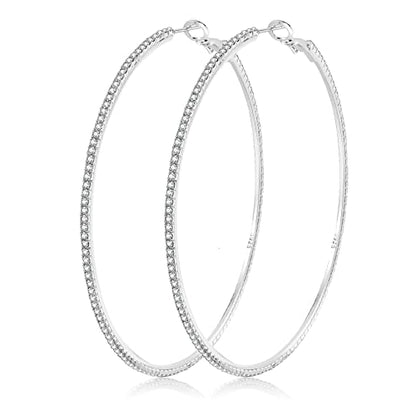925 Sterling Silver Earrings Large Rhinestone Hoop Earrings Big Cubic Zirconia Hoop Earrings Thin Rhinestones Round Hoop Earrings for Women 20/30/40/50/60/70mm Sparkly Hoops With Crystals for Womens - color: Silver,70mm