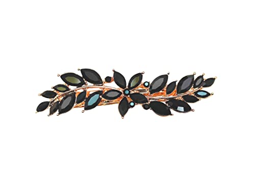 Faship Black Crystal Rose Gold Plated Small Floral Hair Barrette Clip - color: Black / Rose Gold