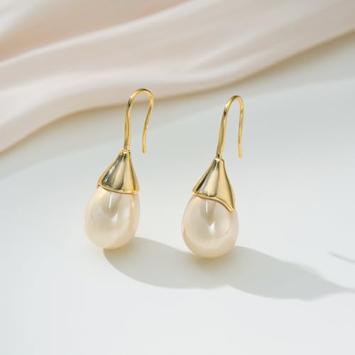 Unique Cream White Pearl Teardrop Drop Dangle Earrings for Women,Trendy Geometric Dangle Formal Hook Earrings for Wedding Prom - color: Gold-Cream Pearl