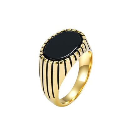 Oval Zircon Men's Grooved Signet | Retro Chunky Stainless Steel Geometric Band, Cool Industrial Statement Jewelry for Him, Biker Fashion Accessory - color: Oval Gold
