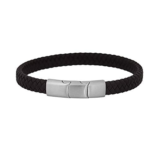 Geoffrey Beene Men's Braided Genuine Leather Bracelet with Stainless Steel Closure - color: Brown, Silver