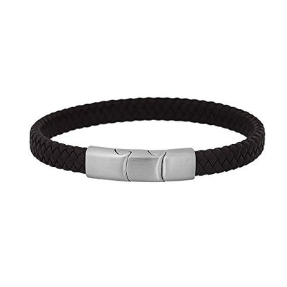 Geoffrey Beene Men's Braided Genuine Leather Bracelet with Stainless Steel Closure - color: Brown, Silver