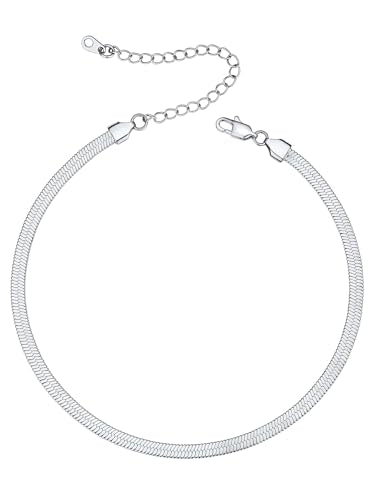 ChainsHouse Flat Snake Chain Herringbone Choker Necklace for Women, Stainless Steel/Rose Gold/18K Gold Plated Dainty Adjustable Simple Short Layered Necklaces, 12"/15"/18" with 3.5" Extender - color: a. stainless-5mm
