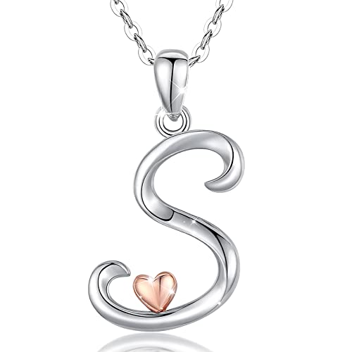 CELESTIA 925 Sterling Silver Initial Necklaces 26 Letter with Rose Gold Heart - 18 Inch Chain - color: S-Initial