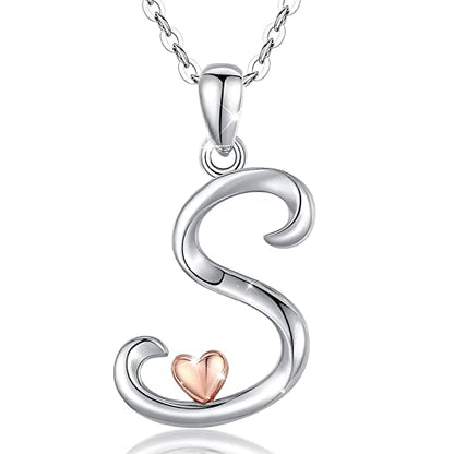 CELESTIA 925 Sterling Silver Initial Necklaces 26 Letter with Rose Gold Heart - 18 Inch Chain - color: S-Initial