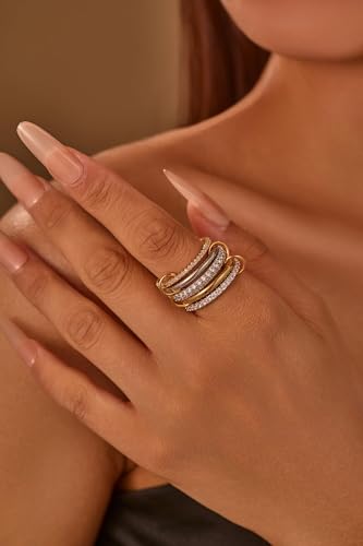 14K Gold Plated Interlocked Stackable Rings for Women Non Tarnish,Gold and Silver Cubic Zirconia Statement Rings Set,Mixed Metals Ring Two-Toned Connected Bands Stacking Jewelry - color: 3*silver rings & 2*gold rings