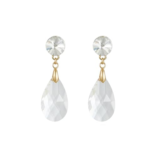Round and Teardrop Crystal Stud Dangle Earrings Hypoallergenic Gold Plated Birthstone Drop Earrings Trendy Evening Prom Pageant Jewelry Gift for Women - color: clear