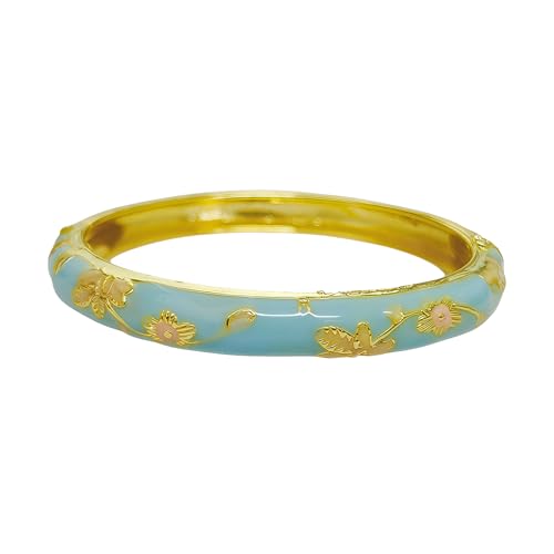 Cloisonne Bracelet For Women, Chunky Bangle Trendy Cute Flower Enamel Bangles Multi Tone Engraved Cuff Gold Plated Bracelets Stackable Wife Jewelry Friendship Gift - color: Blue