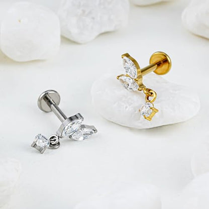1PC ASTM F136 Titanium Mini Threadless Flat Back Stud 18G 6mm 8mm for Conch Helix Flat Tragus Labret - color: leaf - Tit