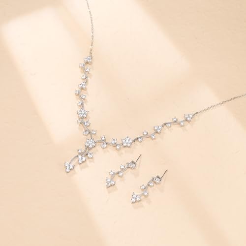 Crysdue Women's Wedding Bridal Jewelry Set for Brides Bridesmaids Cubic Zirconia Flower Leaf Vine Necklace Dangle Earrings for Prom Party - style: 32-silver