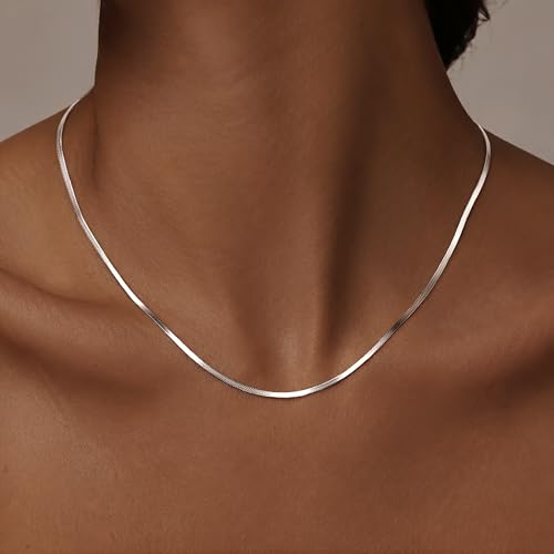WomenGifts 14K Gold Silver Plated Herringbone Necklace for Women, Dainty Snake Chain Choker, Trendy Simple Long Layered Jewelry Non Tarnish, 3/4/5/8mm,14,16,18,20,22,24,26 Inch Thin & Chunky Options - color: Silver, style: 1.5mm-16inch
