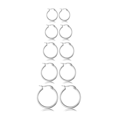 5-10 Pairs Small Gold Silver Hoop Earrings for Women, Stainless Steel Earrings Set Mens Lightweight Thin Hypoallergenic Small Hoops Set - style: 5pcs-Silver 8-16mm