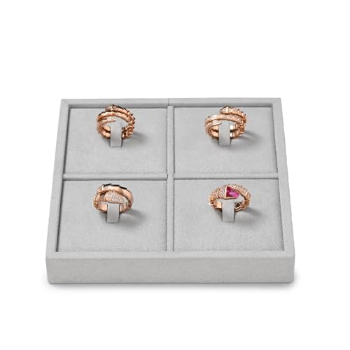 Microfiber 4 Slots Jewelry Ring Display Tray | Rings Display Organizer Tray Gray - size: 5.51" x 5.51" x 0.78"