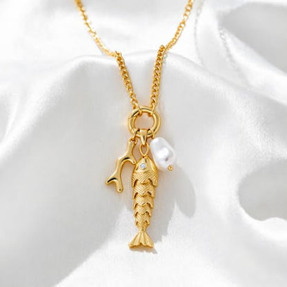 Fish Necklace for Women Gold Plated Fish Pendant Adjustable Necklace Bohemian Beach Jewelry - style: Fish & coral
