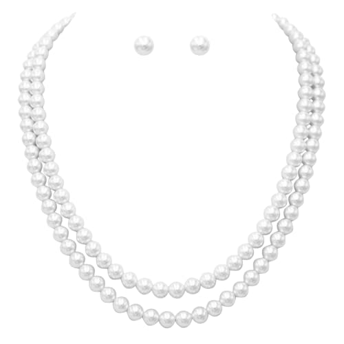 Rosemarie Collections Double-Strand Classic Simulated Pearl Necklace And Earring Set - Adjustable Faux Pearl Necklaces for Women - Elegant Jewelry for Special Occasions & Everyday Wear - color: 8mm, White Pearl Silver Tone