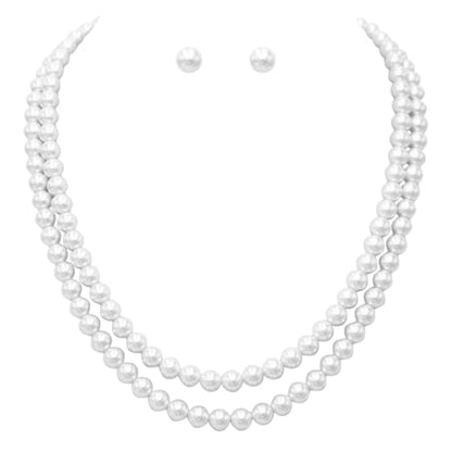 Rosemarie Collections Double-Strand Classic Simulated Pearl Necklace And Earring Set - Adjustable Faux Pearl Necklaces for Women - Elegant Jewelry for Special Occasions & Everyday Wear - color: 8mm, White Pearl Silver Tone