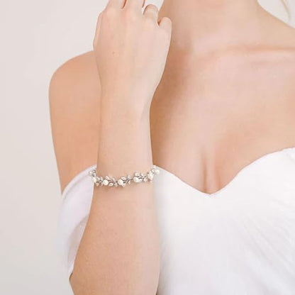 EVER FAITH Gorgeous Cubic Zirconia Pearl Wedding Link Bracelet for Bride | Marquise Teardrop Crystal Bridal Prom Jewelry, for Women Bridesmaids - style: Vine_Silver-Tone