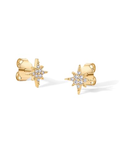 PAVOI 14K Gold Plated Dainty Stud Earrings for Women, CZ Earring Piercing | Hypoallergenic Earrings with 925 Sterling Silver Posts, Bolt, Moon, Star & Flower Celestial Studs with Cubic Zirconia - style: North Star