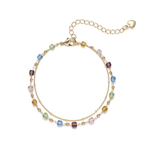 Gold Bracelets for Women Dainty 14K Gold Plated Layered Chain Bracelets Turquoise Green Aventurine Crystal Beaded Bracelets for Women - color: Colorful Crystal