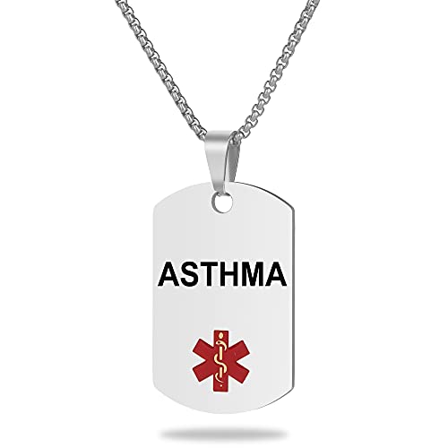 Medical Alert ID Necklace, Laser Engraved Asthma, Stainless Steel Tag Pendant with 23.6 inch Chain for Men Women Emergency First Aid - color: Silver, size: ASTHMA