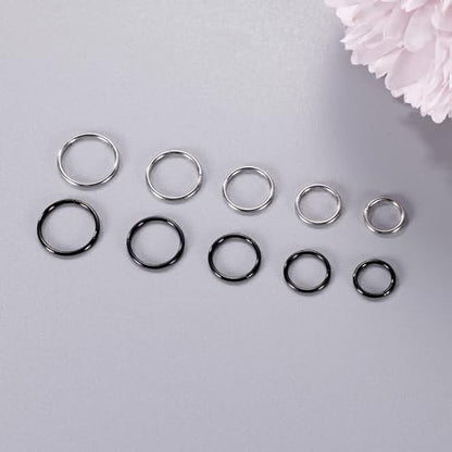 10Pcs 18G 20G Surgical Steel Nose Rings Hoops for Women Men Hinged Seamless Clicker Nose Hoops Cartilage Helix Tragus Daith Sleeper Earrings Hoop Hypoallergenic Nose Piercing 6/7/8/9/10MM - color: silver and black, size: 20G
