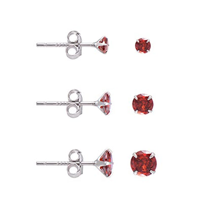 3 Pairs Color Zirconia Earrings Studs, Sterling Silver Studs Earrings Set 3MM 4MM 5MM - color: Red