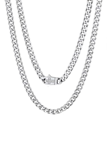 Bandmax 14K Gold Plated Black Stainless Steel Cuban Link Chain Necklace for Men Women, Cross White Zircon Clasp, 6/9/12MM Width, 18-30 Inch Length, Ideal Gift for Son Husband Father - color: 01 Silver Tone-6MM, size: 20 Inch (51cm)