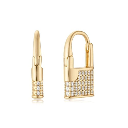Women Gold Earrings Huggie Hoop Cubic Zirconia 14K Gold Plated Small Simple Hypoallergenic Everyday Jewelry - style: Padlock