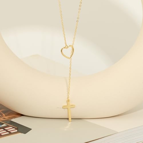 Lariat Necklace for Women, Dainty 14K Gold/Silver Plated Long Necklaces for Women Trendy Simple Layered Y-Shaped Pendant Necklace Adjustable Fashion Jewelry Gift - color: Gold, style: Heart Cross Pendant