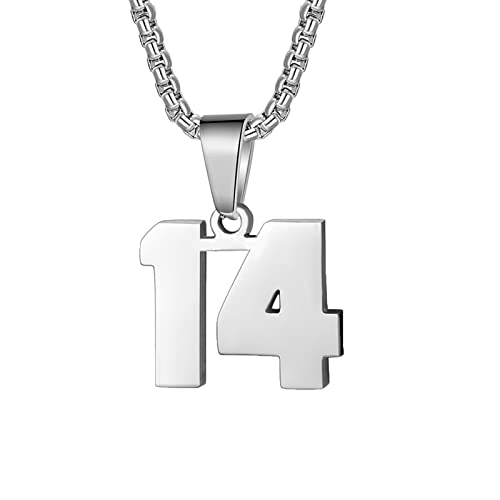 Susook Number Necklace for Boy Black Athletes Number Stainless Steel Chain 00-99 Number Charm Pendant Personalized Sports Jewelry for Men Basketball Baseball Football - color: Silver, style: 14