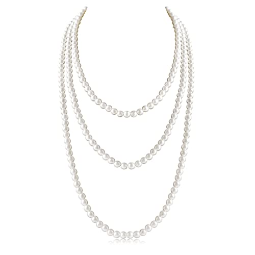Long Pearl Necklaces for Women Cream White Faux Pearl Strand Layered Necklace Costume Jewelry - color: Cream White(7MM)