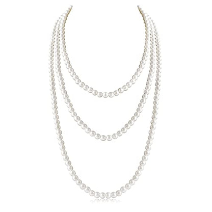 Long Pearl Necklaces for Women Cream White Faux Pearl Strand Layered Necklace Costume Jewelry - color: Cream White(7MM)
