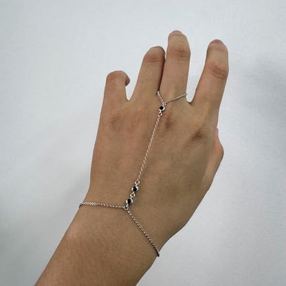 Kakikaki 925 Sterling Silver Finger Ring Bracelet Hand Chain for Women | Slave Bracelets 7" to 9" Adjustable - color: Silver, style: 3 Black