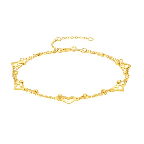 ZHOU LIU FU 18K Yellow Gold Charm Bracelet Hollow Heart Star Butterfly Charms Delicate Double Chain Bracelets Adjustable Cute Jewelry for Women Her Mom Daughter Birthday Anniversary 16+3cm/6.3-7.5" - style: Heart