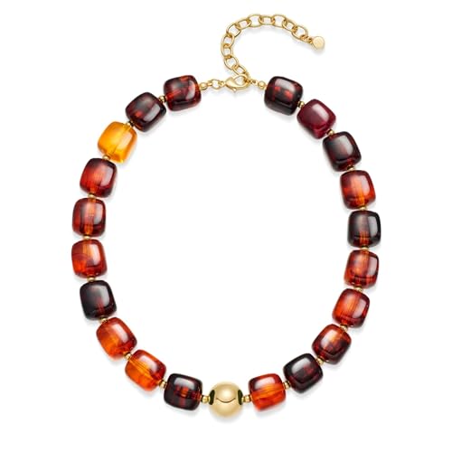 Colorful Statement Chunky Beaded Necklace for Women Trendy Y2K Boho Choker | Large Square Resin Beads Bold Summer Vacation Jewelry - color: Brown